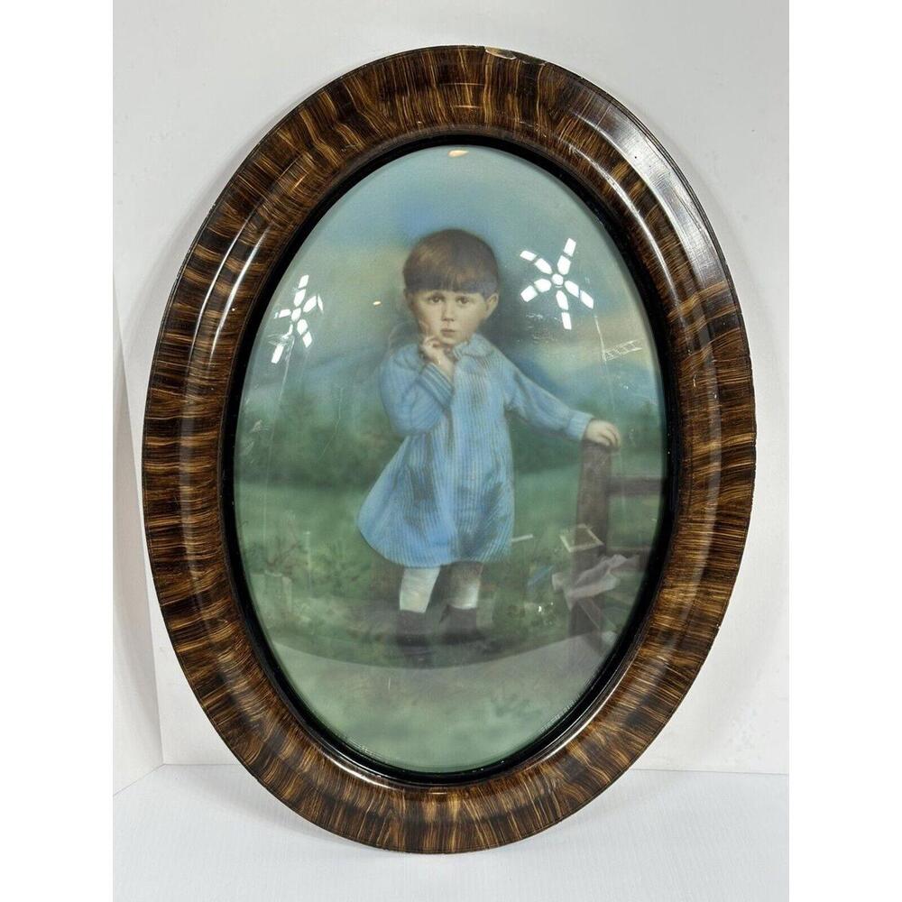Antique Grain Painted Gesso Picture Frame Wooden  Toddler‎ Portrait Bubble Glass